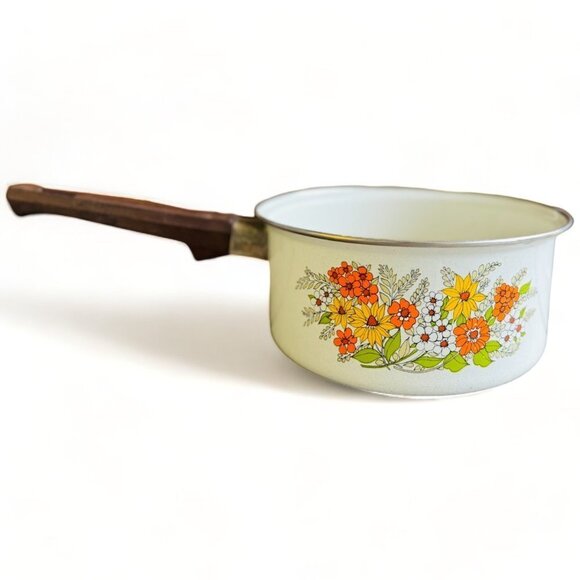 1970s Vintage Groovy Floral Sauce Pot with Handle Enamel Pan FLAWS READ - Picture 6 of 6